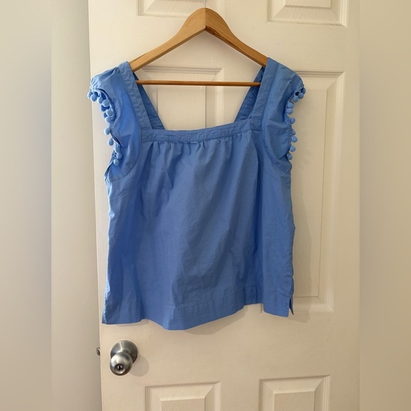 J. Crew square neck Pom Pom sleeve blue top size 10 - Picture 2 of 9